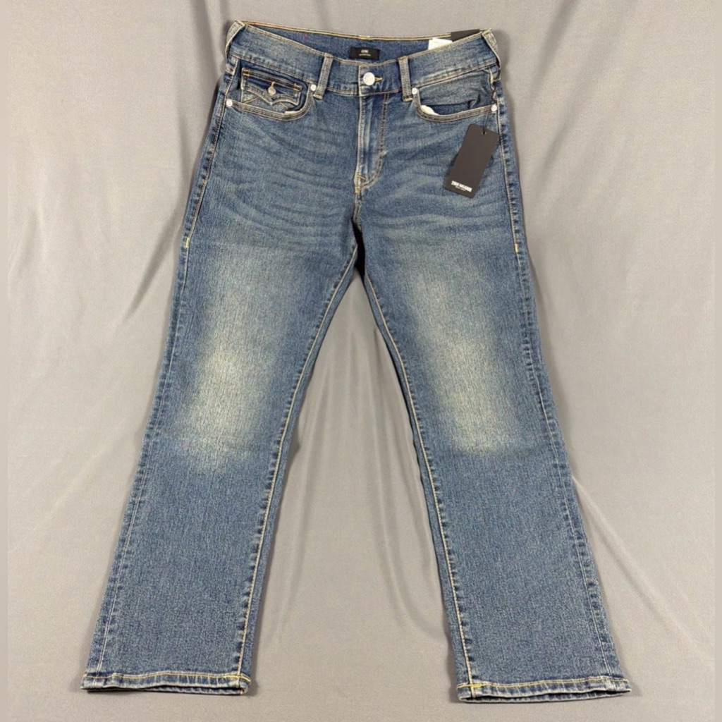 True Religion Jeans Geno Sn Flap Slim 33 X 32 Medium Fog Wash Blue Nwt Msrp $159